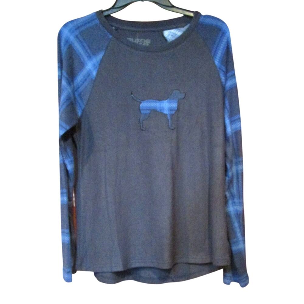 Guide Gear Men's Raglan Shirt Size Medium Navy Body with Blue Plaid Sleeves